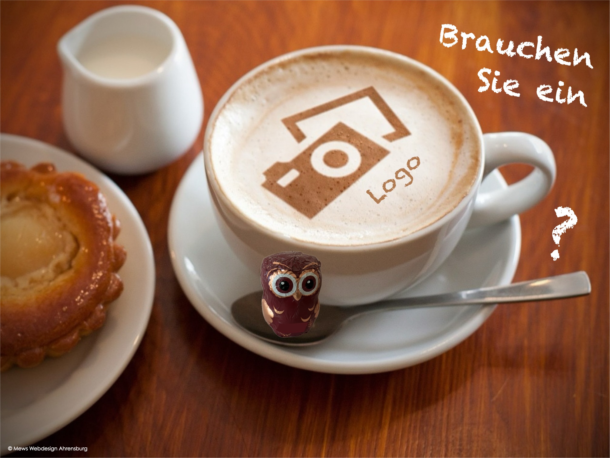Logo, Grafik: Eule sitzt an Kaffeetasse, deren Milchschaum ein Logo enthält, Text: Brauchen Sie ein Logo?