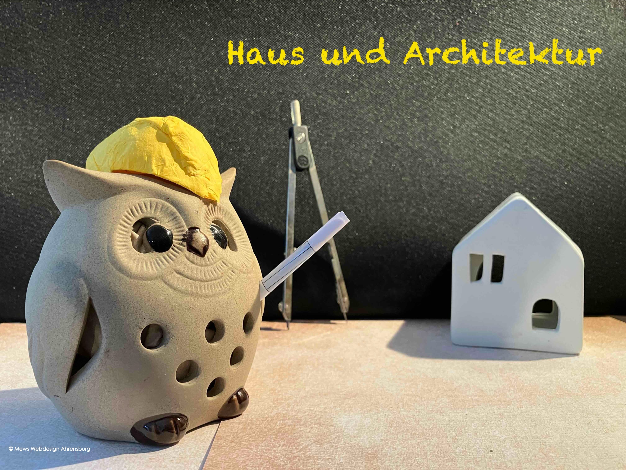 Bild mit Eule als Architektin vor einem Haus. Text: Haus und Architektur