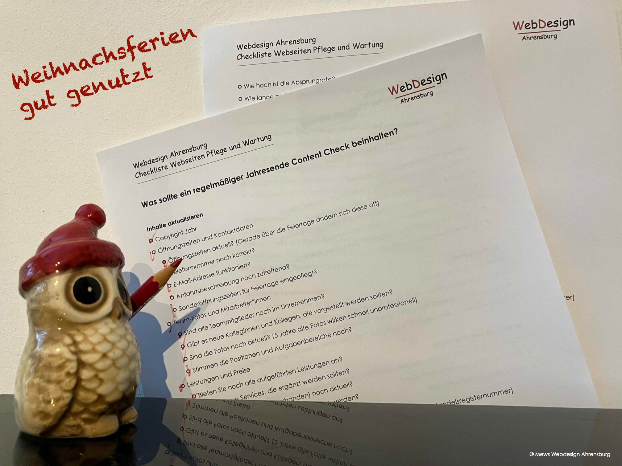 Eule vor Checkliste. Text: Weihnachtsferien gut genutzt