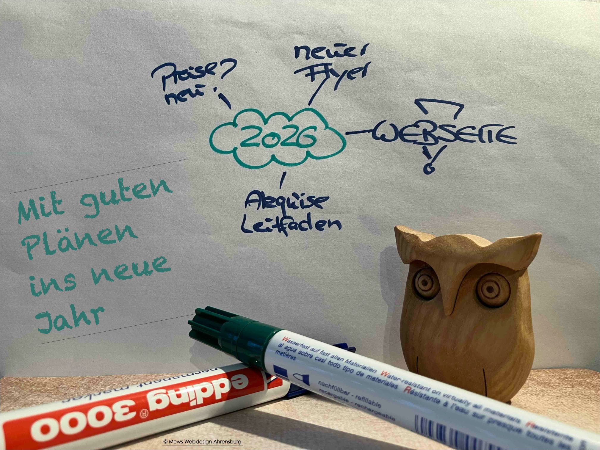 Eule vor Flipchart mit Plan. Text: Mit guten Plänen ins neue Jahr