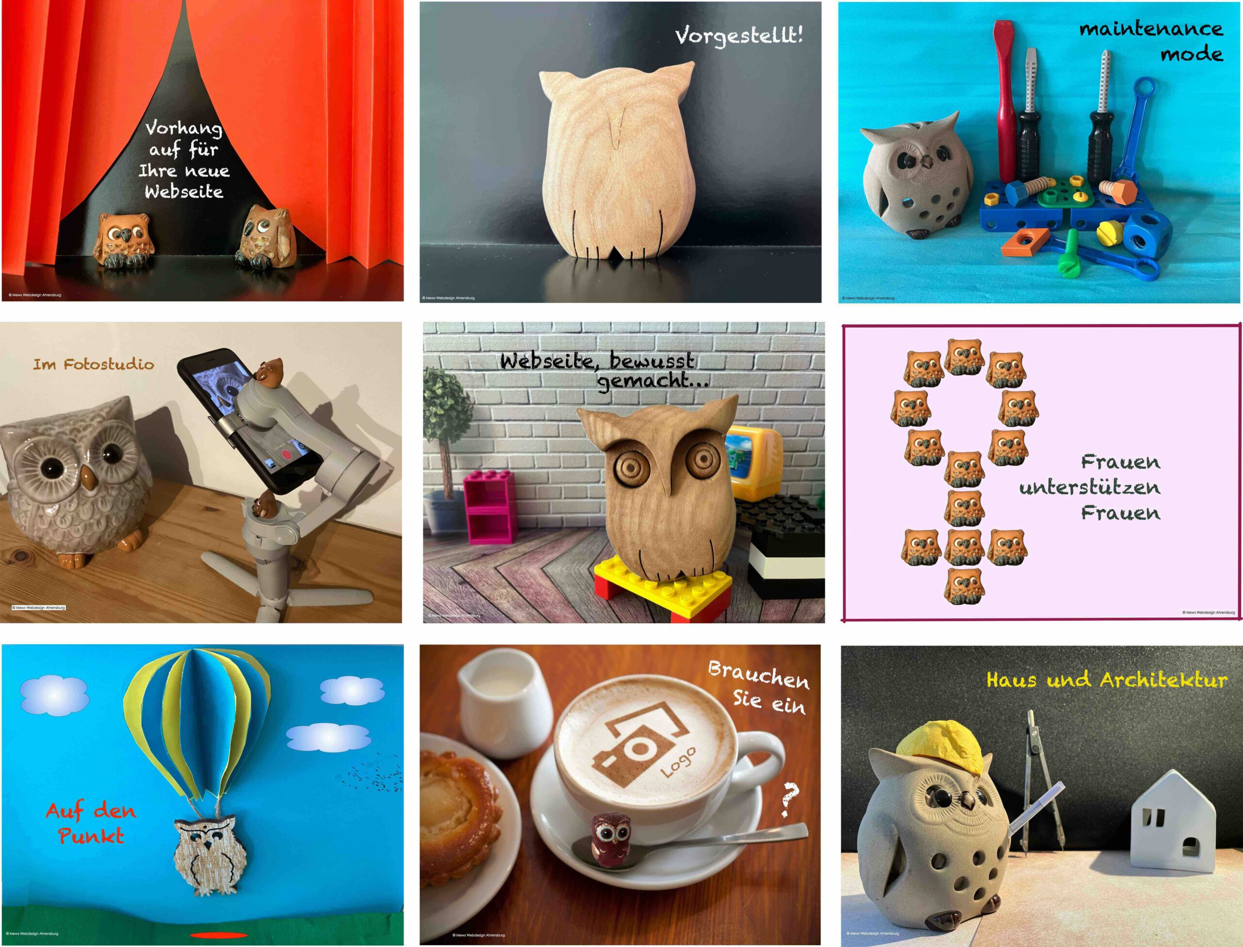 Grafik Screenshot mehrerer Eulenbilder aus bestehenden Beiträgen
